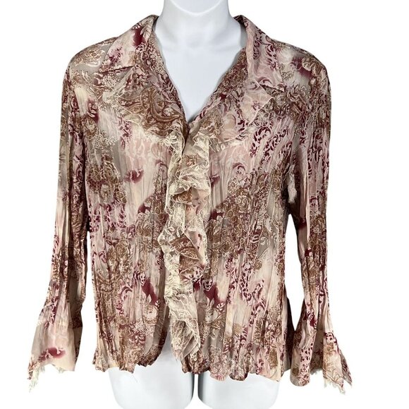 Vintage Notations Womens XL Sheer Chiffon Ruffled Crinkle Boho Button Up Blouse - Picture 4 of 15